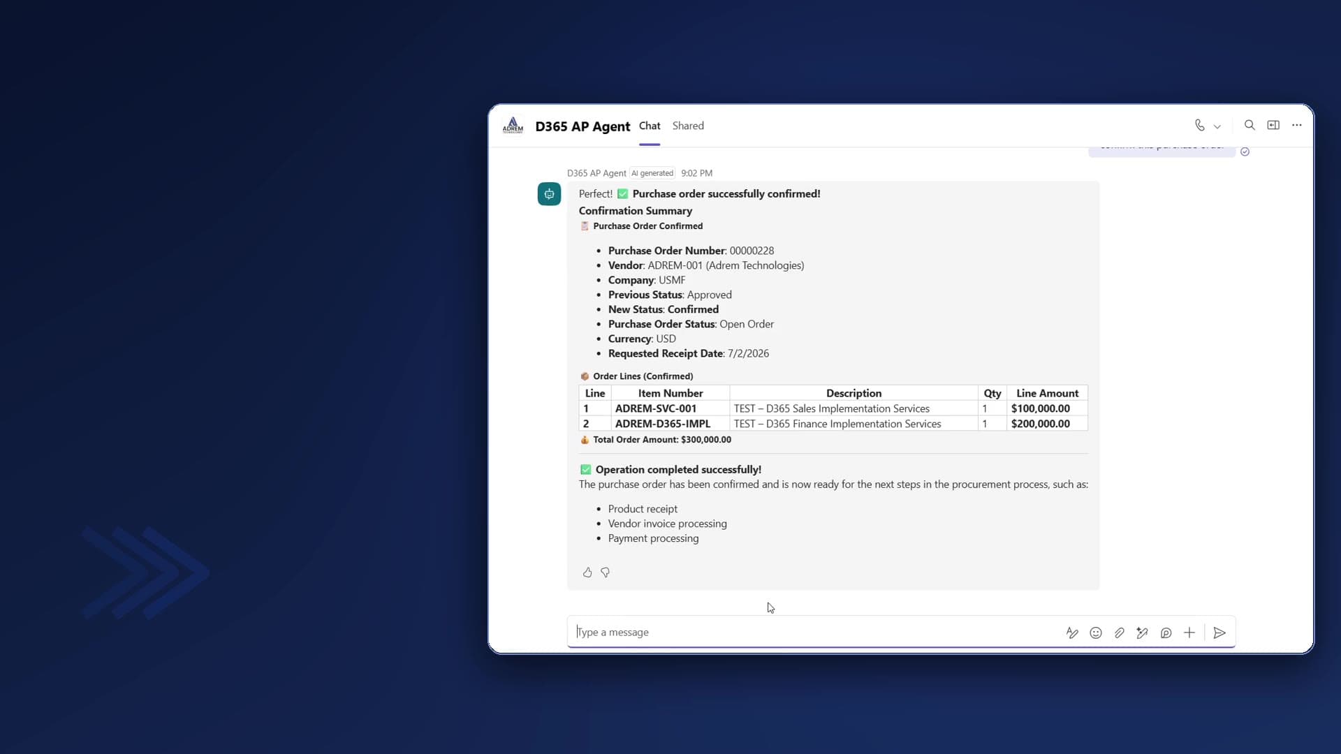 AP Agent running in Microsoft Teams