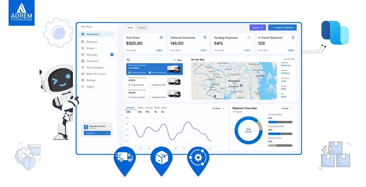 AI-powered Microsoft Dynamics 365 Supply Chain Management dashboard showing intelligent global operations, predictive maintenance, and real-time inventory insights.