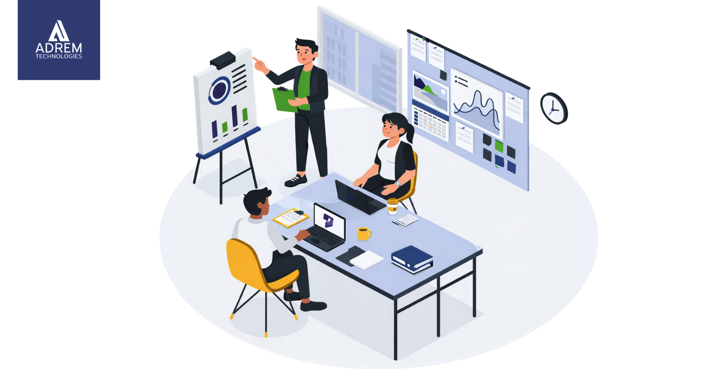 Illustration of global operations teams using Dynamics 365 dashboards to manage supply chains, regional expansion, and enterprise analytics across EU, GCC, and Asia.