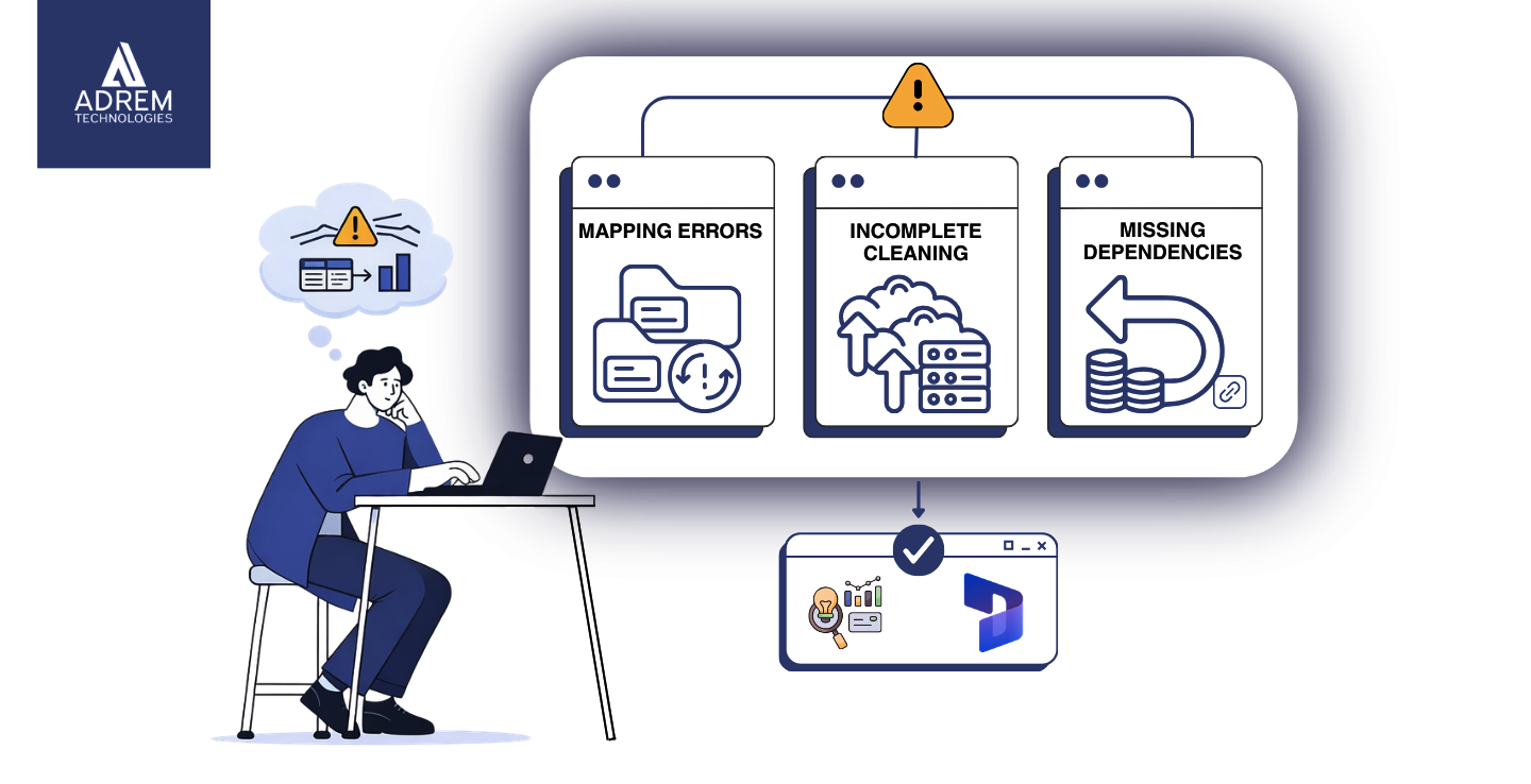 Dynamics 365 data migration process showing data cleansing, mapping validation, and ERP migration testing before system go-live