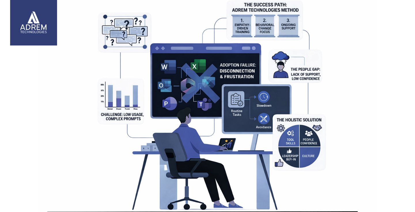 microsoft 365 copilot adoption challenges showing issues like low usage weak training and unclear use cases